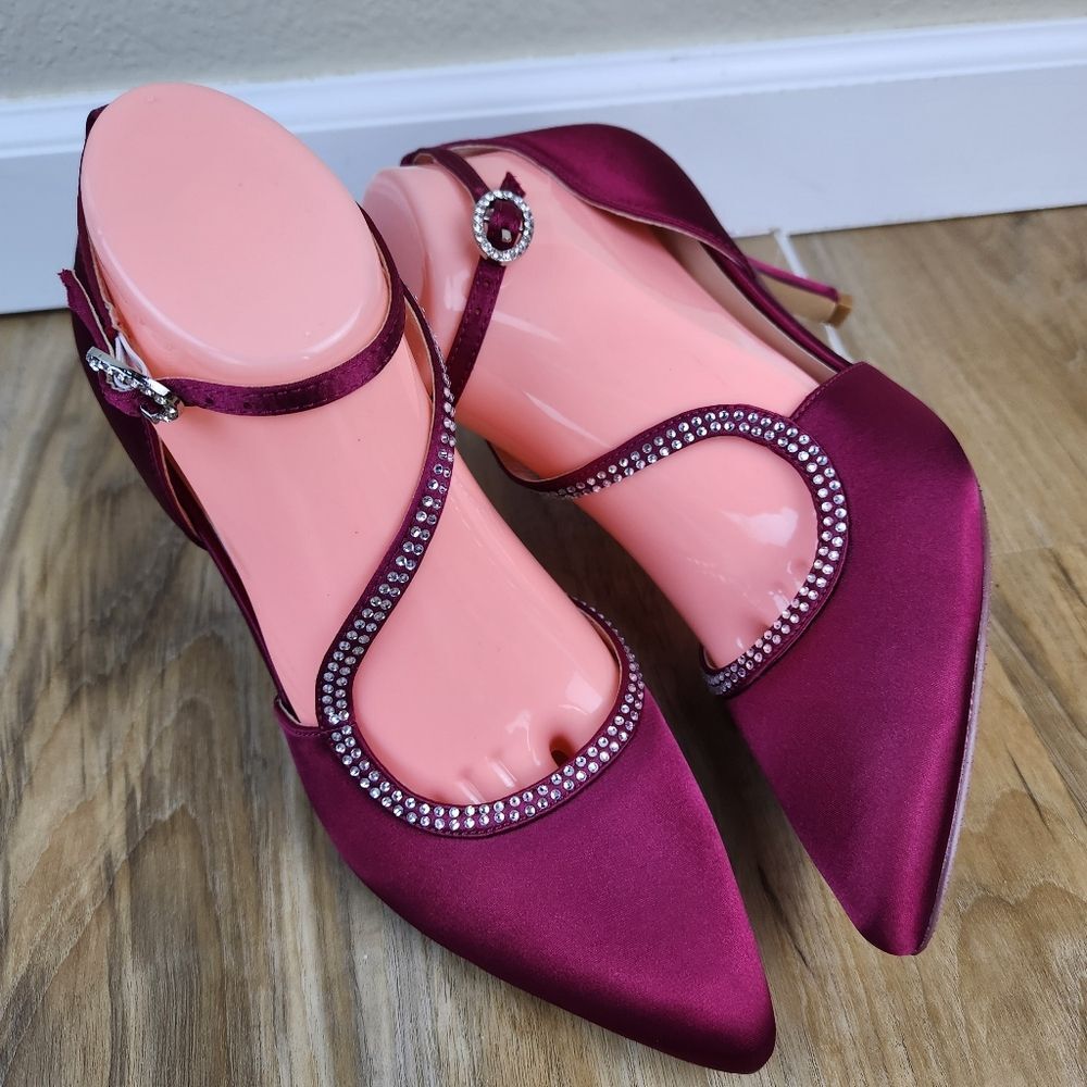 ☔️🩵Burgundy Satin & Rhinestone Buckled Ankle Strappy Heel Shoes Size 8 - Picture 4 of 15